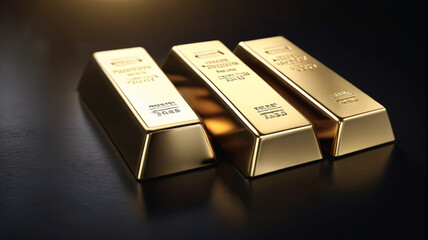 Three gold bars sitting on a table next to a light bulb and a wall light in the background, Generative AI.