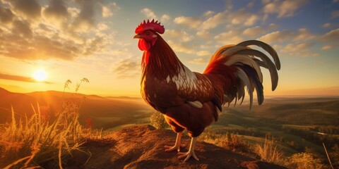 Beautiful rooster on a farm in the rays of the setting sun - Powered by Adobe