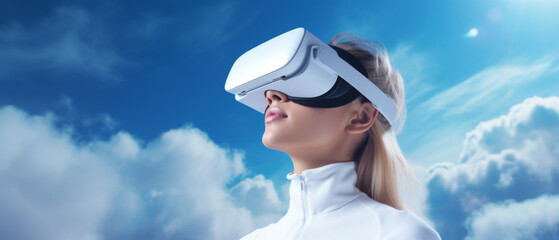 Woman in VR Headset Against a Sky with Clouds