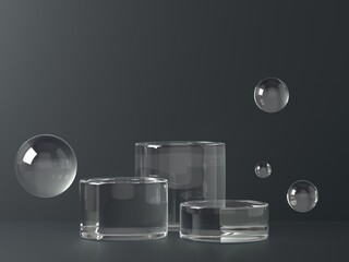 clear glass podium in minimal black background 3D render	