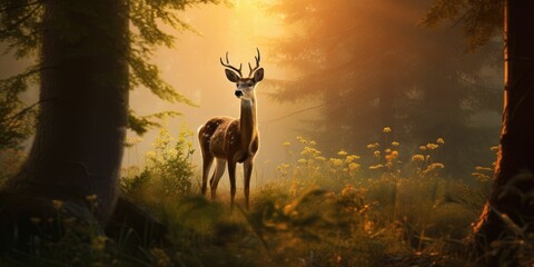 Beautiful white-tailed deer in the forest at sunrise in summer
