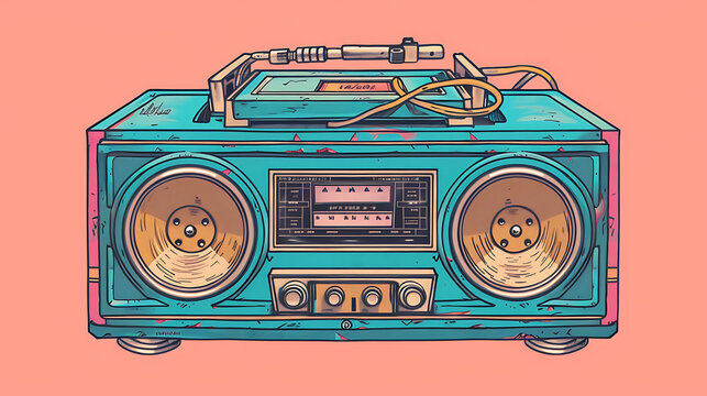 Vintage boombox sound system. 1980s Boom Box Cassette Tape Player. Old school vintage radio tape recorder doodle double cassette speaker. Generative Ai