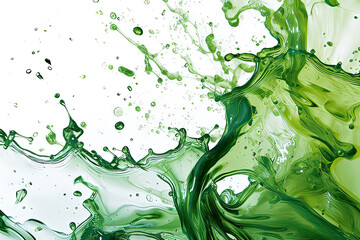 splash and ripples of green liquid on white. AI technology generated image