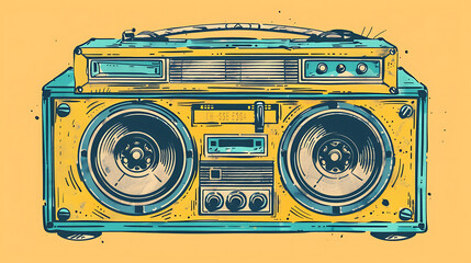 Vintage boombox sound system. 1980s Boom Box Cassette Tape Player. Old school vintage radio tape recorder doodle double cassette speaker. Generative Ai - obrazy, fototapety, plakaty