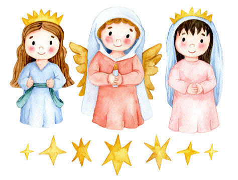 set of cute angels, christmas illustration for xmas. watercolor drawing