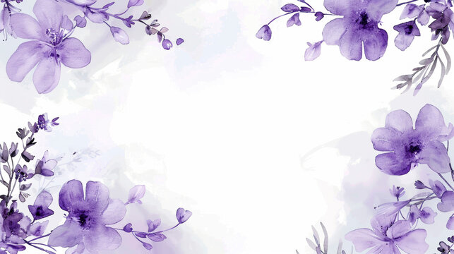 A detailed watercolor frame painting featuring vibrant purple flowers on a clean white background, showcasing delicate petals and leaves with subtle brushstrokes and shading. Banner. Copy space