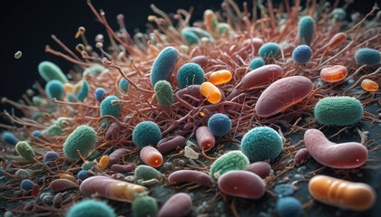 A microscopic image depicting viruses and bacteria in the human intestines. Generative AI.

 - obrazy, fototapety, plakaty