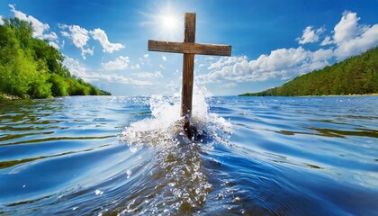 Wooden Cross in the River, Living Waters - obrazy, fototapety, plakaty