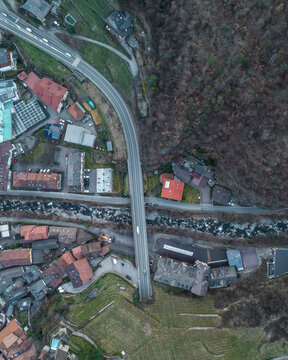 Aerial view of a beautiful town nestled in the South Tyrol valley, Klausen, Italy.