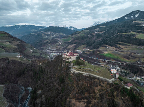 Aerial view of Sabiona Monastery in Klausen, South Tyrol, Italy.