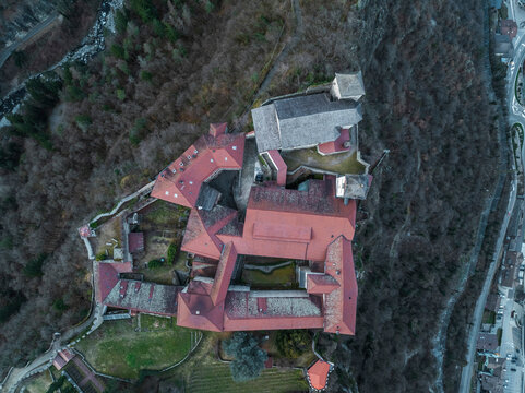 Aerial view of Klausen town, Sabiona Monastery, South Tyrol, Italy.