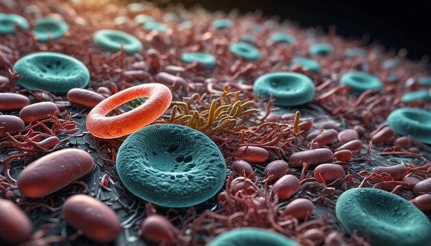 A microscopic image depicting viruses and bacteria in the human intestines. Generative AI.

