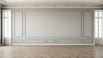 A large, empty room with a white wall and wood floors. The room is very spacious and has a clean, minimalist look
