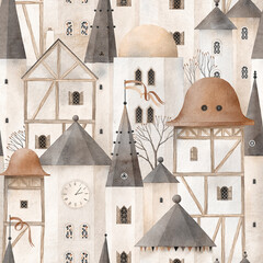 Watercolor childish background with fairytale castle. Fairytale city, fantasy towers, high roofs. Watercolor seamless pattern. Vintage style.