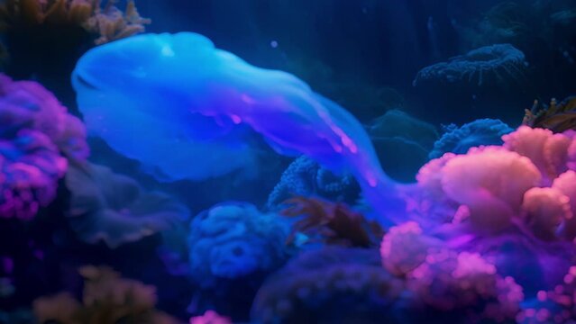 A glowing blue creature with iridescent scales floats gracefully above a of coral heads each one providing a home to a different type of fantastical form. The symbiotic relationship