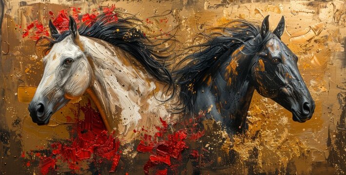 A modern painting with abstract elements, metal elements, texture background, horses, animals...