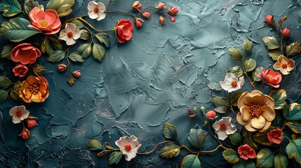 Art background. Restore ancient ways, nostalgia, golden touch. Texture background. Oil on canvas. Modern art. Plants, flowers, green, gray, wallpaper, posters, cards, murals, carpet, hanging, etc. - obrazy, fototapety, plakaty