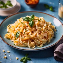 Fettuccine Alfredo pasta with cream sauce, traditional italian meal served on pastel blue plate