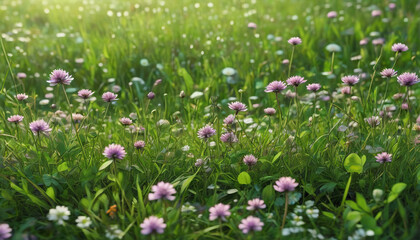 Obraz premium Clover and other wildflowers growing in a green meadow. Very detailed details. Generative AI.