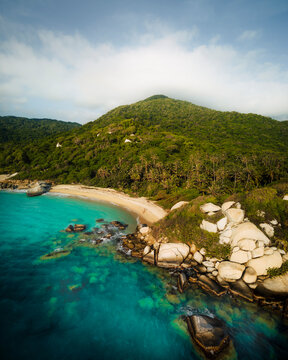 Aerial drone view of the beach in the Tayrona National Natural Park in Santa Marta, Magdalena, Colombia.