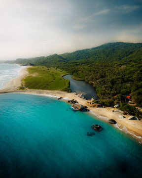 Aerial drone view of the beach in the Tayrona National Natural Park in Santa Marta, Magdalena, Colombia.