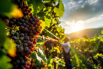 Naklejka premium A farmer harvests organic purple grapes Freshly harvested grapes. 