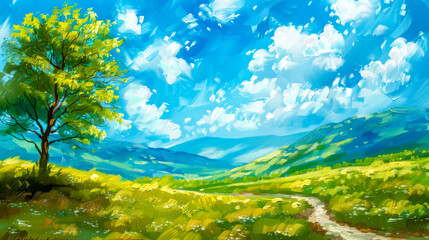Fototapeta na wymiar Vibrant landscape painting of a sunny countryside