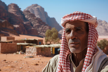 Portrait of a laughing Bedouin man in the desert.