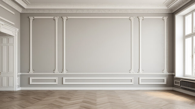 A large, empty room with white walls and a wooden floor. The room is very spacious and has a clean, minimalist look