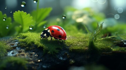 Beautiful ladybug on flower petal with blurred background, macro photography with copy space