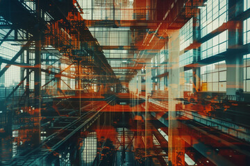 Metallurgical industry concept, double exposure. Symbolic representation of the metallurgical industry.