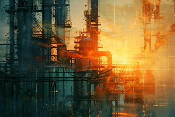 Oil industry concept, double exposure. Symbolic representation of the oil industry.
