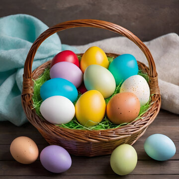 Colorful Easter eggs in a rustic basket. Happy Easter
