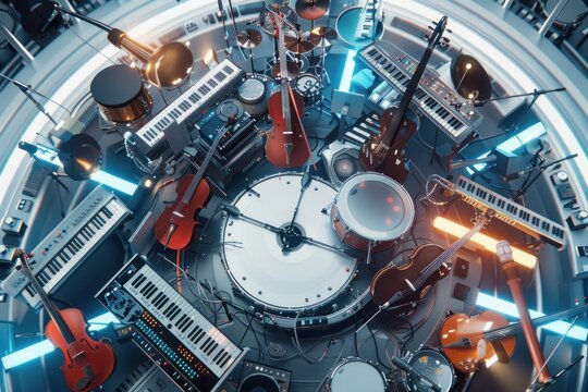 Bring the future of music to life with a design showcasing a birdseye view of musicians collaborating with AI to create innovative new genres and compositions 