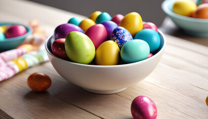 Colorful Easter eggs on a table in a decorated bowl. Generative AI.


