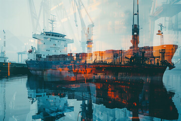 Ship industry concept, double exposure. Symbolic representation of the ship industry. - obrazy, fototapety, plakaty