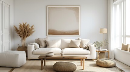 an AI-generated image of a comfortable living room with beige color scheme, art decoration, and a white mockup frame