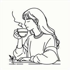 a girl drinking tea, minimal design, outline with solid fill color, background white vector illustration line art