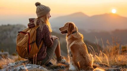 Tourist woman with her dog enjoying a mountain view at sunrise both smiling in the morning light. Concept Mountain View, Sunrise, Tourism, Pet Ownership, Morning Light