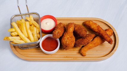 Fries basket and fried chicken drumsticks