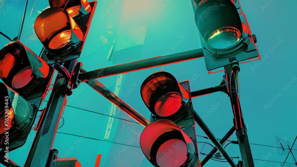 Poster an illustration of a traffic intersection with several traffic signals out of order emphasizing the 