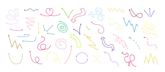 Multicolored Squiggle Doodle Outline Thin Simple Arrow Set	