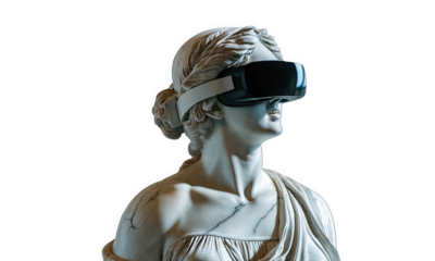 classical marble bust adorned with a virtual reality headset, juxtaposing old-world beauty with cutting-edge technology Classical statue wearing a VR headset, blending ancient art , modern technology 
