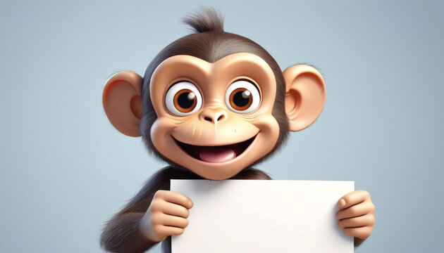 Cheerful monkey holding a white card, generative AI.

