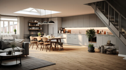 A large open kitchen with a wooden floor and a staircase leading up to the second floor. The kitchen is well-lit and has a modern, clean look. There are several potted plants throughout the space - obrazy, fototapety, plakaty