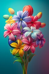 3d bouquet of bright flowers on a blue background