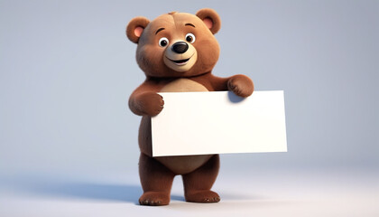 
Cheerful teddy bear holding a white card, displaying a placard, isolated on a bright background. Blank internet banner template and space for copy, generative AI.