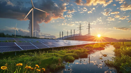 Hybrid Renewable Power Plant: Wind Turbines and Solar Panels Amidst a Beautiful Landscape - obrazy, fototapety, plakaty