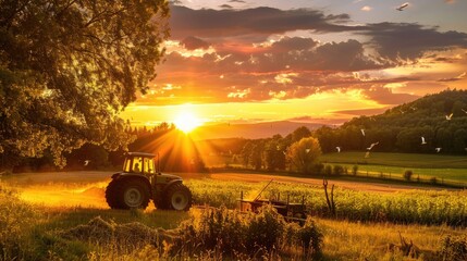 Tractor Farming at Sunset in Rural Landscape