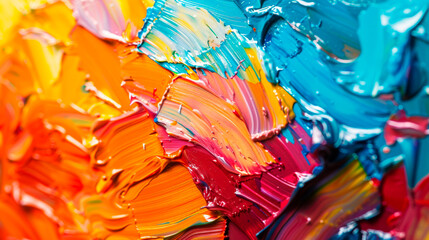 A detailed view of a vibrant, colorful painting featuring various paintbrushes layered with thick strokes of paint. The brushes vary in size, shape, and color, adding texture. Banner. Copy space - obrazy, fototapety, plakaty